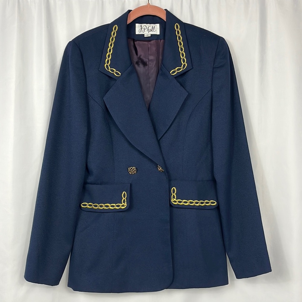 Navy Blue Vintage Nautical Embroidered Blazer with Gold Chain Print Medium
